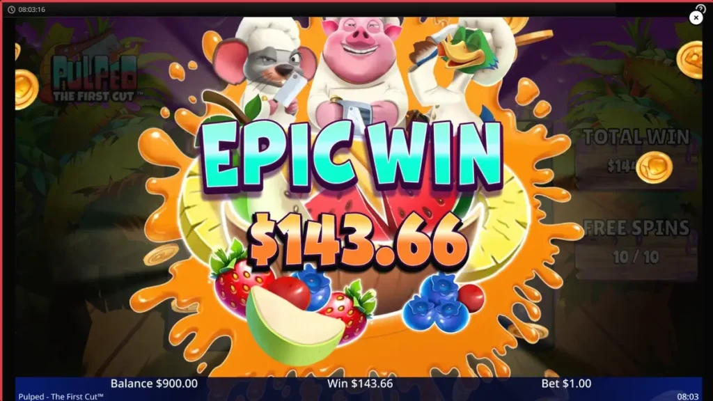 Tampilan antarmuka mobile game slot Pulped: The First Cut dengan karakter koki hewan.