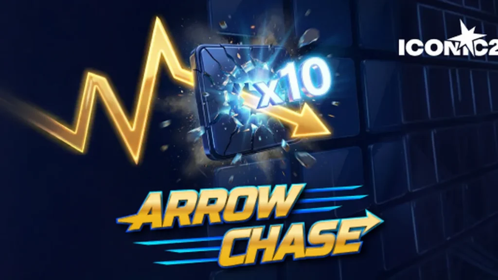 Tampilan visual permainan Arrow Chase dengan kisi-kisi blok pengali dan elemen panah yang dinamis.